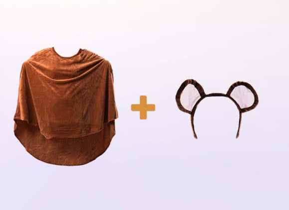 Ein braunes Cape und ein Stirnband mit runden braunen und hellbraunen Ohren sind nebeneinander abgebildet, dazwischen befindet sich ein Pluszeichen.