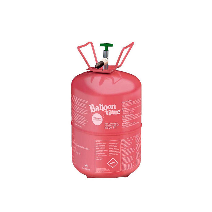 Auf einem weißen Hintergrund ist eine rosa Heliumflasche mit der Aufschrift „Balloon Time“, einem grünen Ventil und zwei rosa Griffen abgebildet, die zum Aufblasen von Luftballons bestimmt ist.