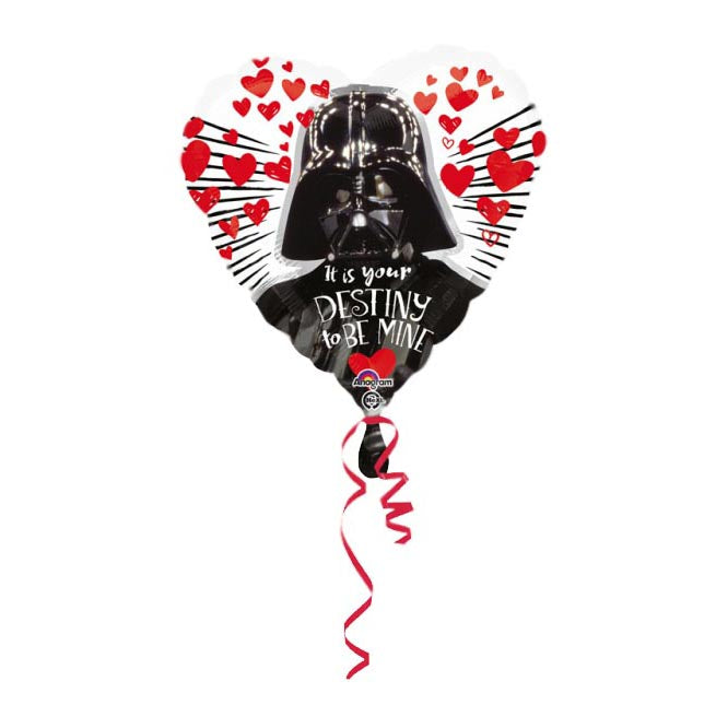 Herzförmiger Ballon mit Darth Vader, roten Herzen und dem Schriftzug „Es ist dein Schicksal, mir zu gehören“. An der Unterseite hängen rote und rosa Bänder.