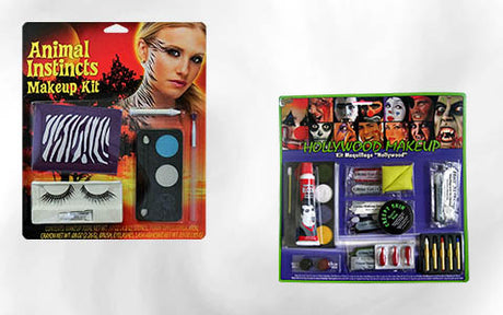 Zwei Make-up-Sets: eines mit der Bezeichnung „Animal Instincts Makeup Kit“ und das andere mit der Bezeichnung „Hollywood Makeup“, die beide verschiedene Make-up-Artikel und Accessoires enthalten.