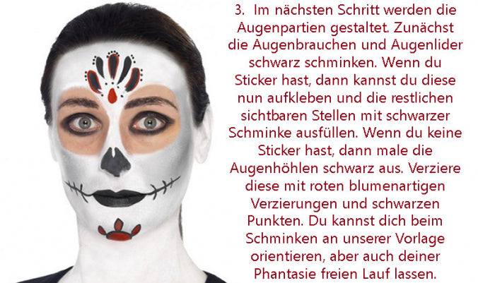 Frau mit einem in Weiß, Schwarz und Rot gemalten Zuckerschädel-Motiv im Gesicht, dazu eine deutsche Anleitung zur Umsetzung des Make-ups.