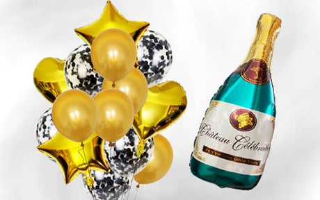 Goldene und schwarze Luftballons, darunter auch solche in Sternform, sind nebeneinander angeordnet, vor einer großen, champagnerflaschenförmigen Luftballon mit der Aufschrift „Chateau Celebration“ auf weißem Hintergrund.