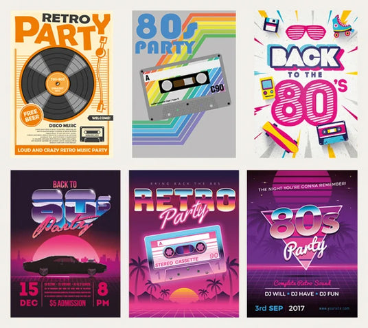 Sechs farbenfrohe Plakate zur Werbung für Partys im 80er-Jahre-Stil, mit Kassetten, Retro-Schriftarten, Neonfarben und Motiven wie Autos und geometrischen Formen.