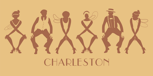 Sechs stilisierte Figuren in Kleidung der 1920er Jahre tanzen den Charleston vor einem beigen Hintergrund, unter ihnen steht das Wort „CHARLESTON“.