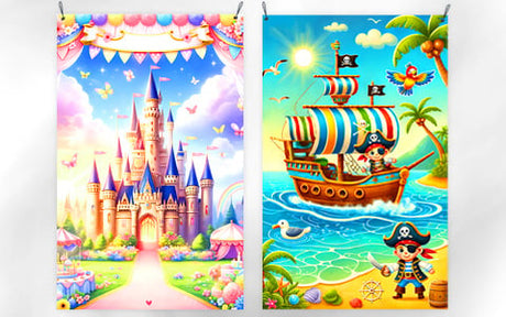Zwei farbenfrohe Banner: Auf dem einen ist ein Märchenschloss mit Blumen und Schmetterlingen zu sehen, auf dem anderen ein Piratenschiff auf dem Meer mit einem Piratenkind, einem Papagei und einer Insel.
