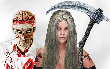 Ein Zombie mit freiliegendem Gehirn und eine Frau mit blasser Haut, langen grauen Haaren, Tätowierungen und einer großen Sense stehen Seite an Seite vor einem weißen Hintergrund.