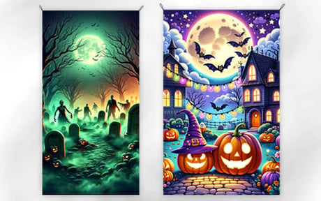 Zwei Halloween-Banner: eines mit Zombies und Gräbern unter einem grünen Mond, das andere mit Kürbissen, Fledermäusen und einem Hexenhut vor einem strahlenden Vollmond und einem Spukhaus.