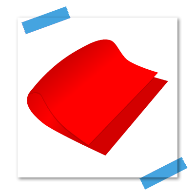 Ein einzelnes rotes Blatt Papier, das auf weißem Hintergrund teilweise gefaltet ist, mit blauem Klebeband an der linken oberen und der rechten unteren Ecke.