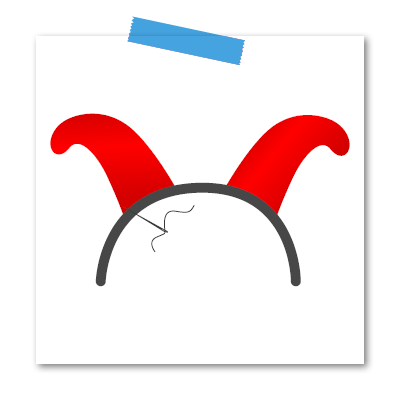 Auf einem weißen Hintergrund ist ein Stirnband mit zwei roten, gebogenen Hörnern zu sehen, das oben mit einem Stück blauem Klebeband befestigt ist.