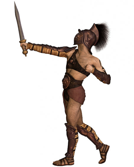 Eine als römischer Gladiator verkleidete Person steht in Kampfhaltung da, trägt einen Helm und eine Rüstung und hält ein Schwert in der Hand.