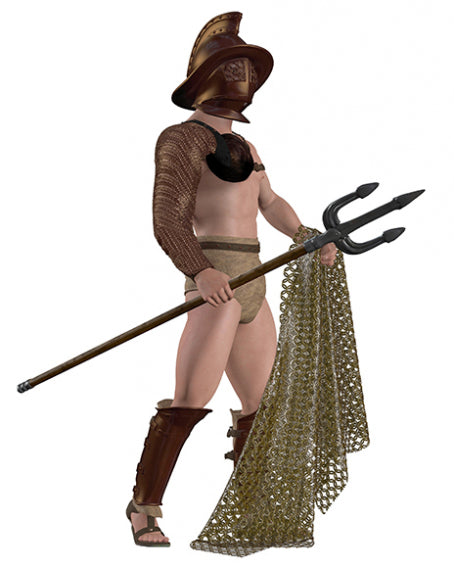 Eine Person in einer antiken römischen Gladiatorenrüstung hält einen Dreizack und ein Netz in der Hand, trägt einen Helm, Armschienen, einen Lendenschurz und Beinschienen und steht in einer neutralen Haltung da.