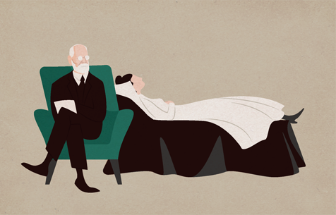 Illustration einer Person im Anzug, die mit einem Notizblock neben einer auf einer Couch liegenden Person sitzt, was auf eine Therapie- oder Psychoanalyse-Sitzung hindeutet.