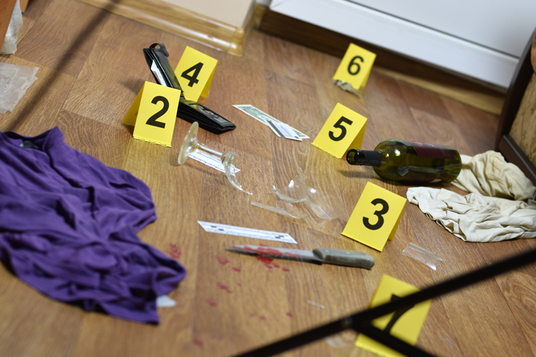Tatort mit nummerierten Beweismarkierungen neben einem violetten Hemd, Glasscherben, einem Messer mit Flecken, einer leeren Weinflasche und verstreuten Gegenständen auf einem Holzboden.