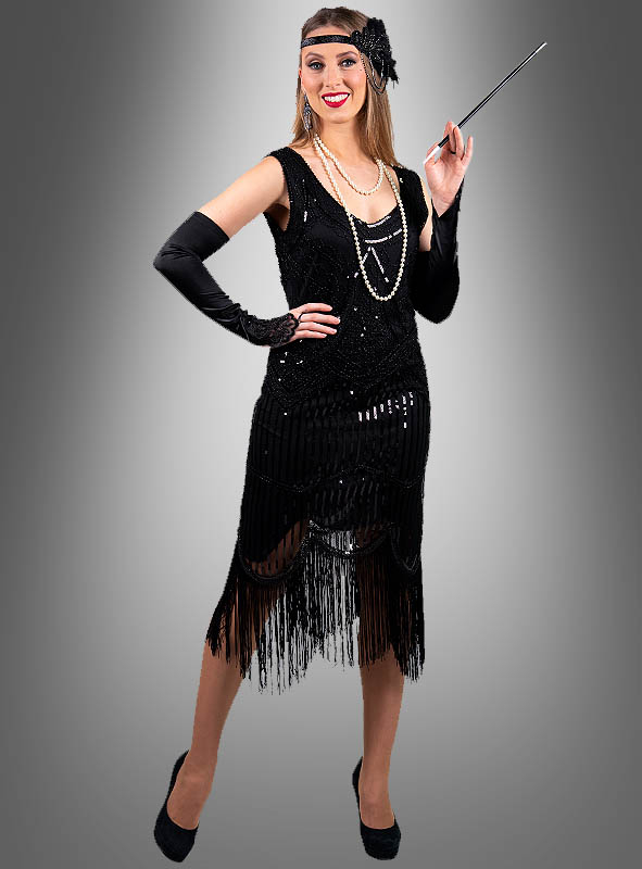 Fransenkleid Deluxe schwarz für Damen - Kostümpalast