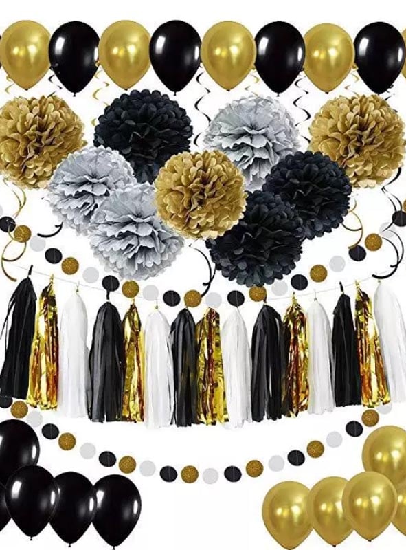 Edle Partydeko schwarz, gold & silber mit Ballons