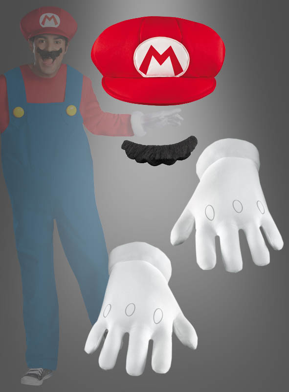Super Mario Mütze, Handschuhe und Bart Set